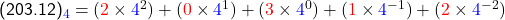   \textsf{(203.12)_{\textcolor{blue}{4}} &= (\textcolor{red}{2}\times\textcolor{blue}{4}^2) + (\textcolor{red}{0} \times\textcolor{blue}{4}^1) + (\textcolor{red}{3}\times\textcolor{blue}{4}^0) + (\textcolor{red}{1}\times\textcolor{blue}{4}^{-1})  + (\textcolor{red}{2}\times\textcolor{blue}{4}^{-2}) }