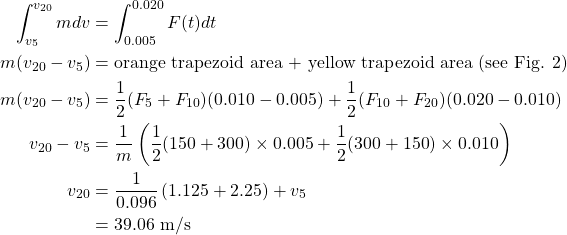  \begin{alignat*}{2}  \int^{v_{20}}_{v_{5}} mdv &= {\int^{0.020}_{0.005} F(t)dt}\\ {m(v_{20} - v_{5})} &= {\text{orange trapezoid area + yellow trapezoid area (see Fig. 2) }}\\ {m(v_{20} - v_{5})} &= {\frac{1}{2} (F_{5} + F_{10})(\text{0.010} - \text{0.005}) + \frac{1}{2} (F_{10} + F_{20})(\text{0.020} - \text{0.010})}\\ {v_{20} - v_{5}} &= {\frac{1}{m} \left(\frac{1}{2} (\text{150} + \text{300}) \times 0.005 + \frac{1}{2} (\text{300} + \text{150}) \times 0.010 \right)}\\ {v_{20}} &= {\frac{1}{0.096} \left(\text{1.125} + \text{2.25} \right) + v_{5}}\\ {} &= {\text{39.06 m/s}} \end{align*} 