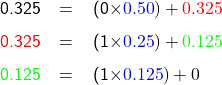   \renewcommand{\arraystretch}{1.5} \textsf{ \begin{tabular}{r c l} 0.325 &= &(0\times\textcolor{blue}{0.50}) + \textcolor{red}{0.325} \\ \textcolor{red}{0.325}&= &(1\times\textcolor{blue}{0.25}) + \textcolor{green}{0.125} \\ \textcolor{green}{0.125} &= &(1\times\textcolor{blue}{0.125}) + 0  \end{tabular} }