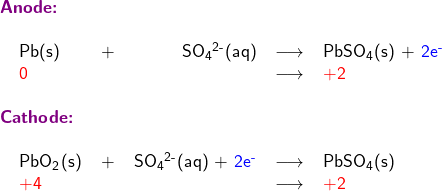   \textsf{ \begin{center}   \begin{tabular}{ c l c r c l } \multicolumn{6}{l}{\textbf{\textcolor{violet}{Anode:}}}\\ & & &  & &\\ & Pb(s)  & + & SO\textsubscript{4}\textsuperscript{2-}(aq) & \longrightarrow & PbSO\textsubscript{4}(s) + \textcolor{blue}{2e\textsuperscript{-}} \\ & \textcolor{red}{0} &  & & \longrightarrow & \textcolor{red}{+2}\\ & & & & & \\ \multicolumn{6}{l}{\textbf{\textcolor{violet}{Cathode:}}}\\ & & & & & \\ & PbO\textsubscript{2}(s) & + & SO\textsubscript{4}\textsuperscript{2-}(aq) + \textcolor{blue}{2e\textsuperscript{-}}  & \longrightarrow & PbSO\textsubscript{4}(s) \\ & \textcolor{red}{+4} & & & \longrightarrow & \textcolor{red}{+2}  \end{tabular} \end{center} }