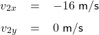 \renewcommand{\arraystretch}{1.5} \textsf{ \begin{tabular}{l r c l} & $v_{2x}$ & = & $-16$  m/s \\ & $v_{2y}$ & = & $0$  m/s \end{tabular} }