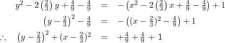   \renewcommand{\arraystretch}{1.5} \textsf{ \begin{tabular}{l r c l} &$y^{2} - 2\left(\frac{2}{3}\right)y + \frac{4}{9} - \frac{4}{9}$ & = & $- \left(x^{2} - 2\left(\frac{2}{3}\right)x + \frac{4}{9} - \frac{4}{9}\right) + 1$ \\ &$\left(y - \frac{2}{3}\right)^{2} - \frac{4}{9}$ & = & $- \left((x - \frac{2}{3})^{2} - \frac{4}{9}\right) + 1$ \\ \therefore &$\left(y - \frac{2}{3}\right)^{2} + (x - \frac{2}{3})^{2} & = & $+ \frac{4}{9} + \frac{4}{9}$ + 1$  \end{tabular} }