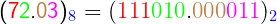  \textsf{ \Large{(\textcolor{red}{7}\textcolor{green}{2}.\textcolor{brown}{0}\textcolor{magenta}{3})_{\textcolor{blue}{8}} = (\textcolor{red}{1}\textcolor{red}{1}\textcolor{red}{1}\textcolor{green}{0}\textcolor{green}{1}\textcolor{green}{0}.\textcolor{brown}{0}\textcolor{brown}{0}\textcolor{brown}{0}\textcolor{magenta}{0}\textcolor{magenta}{1}\textcolor{magenta}{1})_{\textcolor{blue}{2}}} }